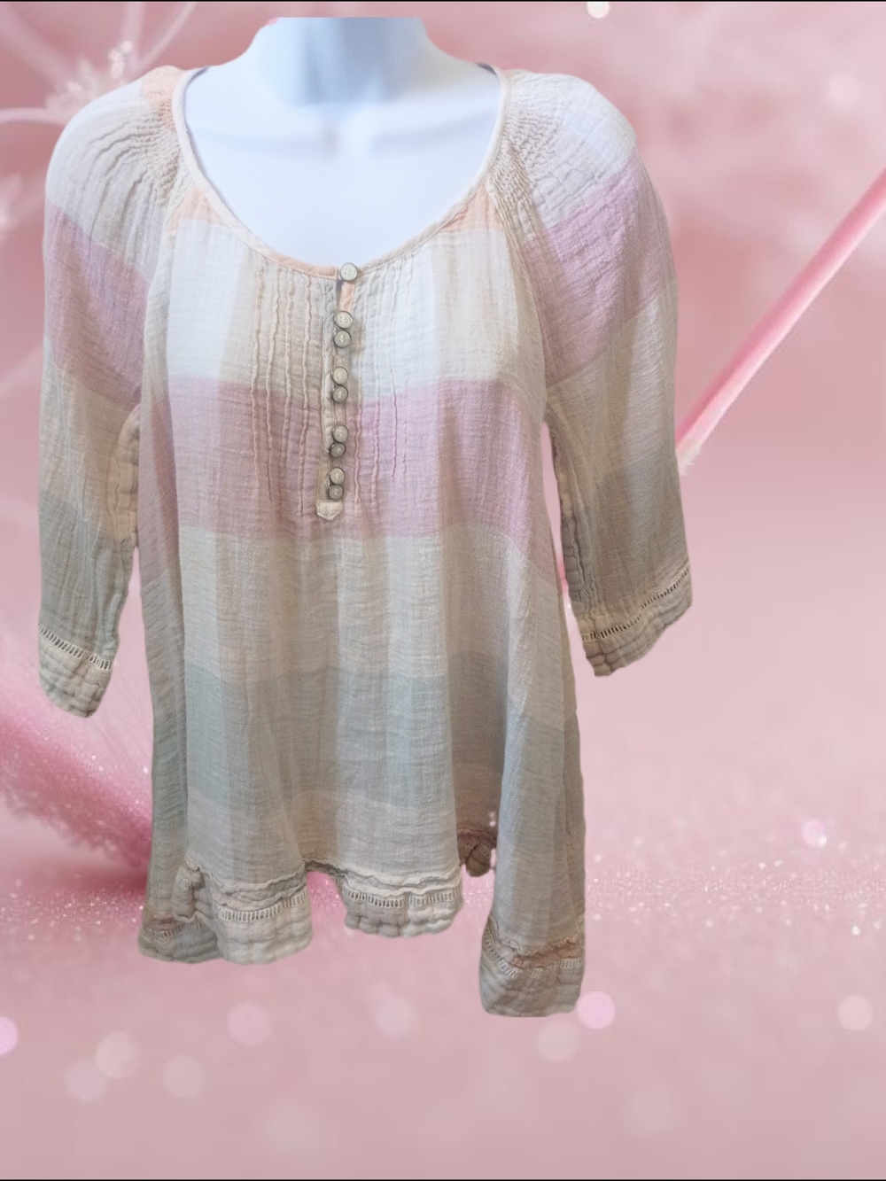Womens Scoop Neck Gauze Tunic Top - Pink Pastel Colors Stripe